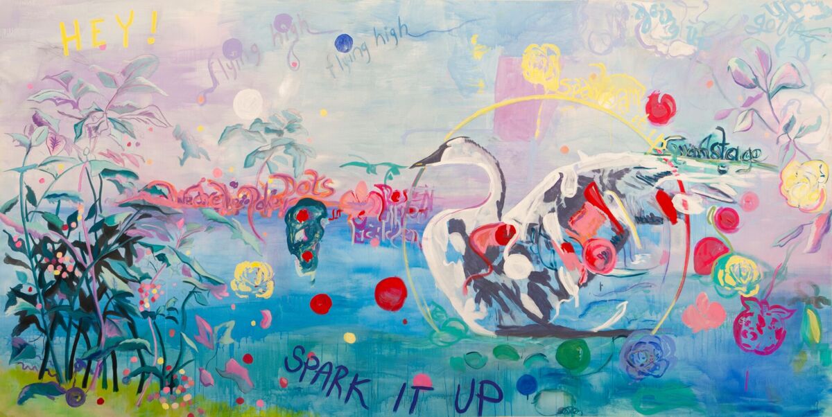 Charlotte Eschenlohr / Maureen Jeram, Swanlake, 2023, Mixed media auf Leinwand, 200 × 400 cm. © Künstlerinnen, Foto: Florian Hubalek.