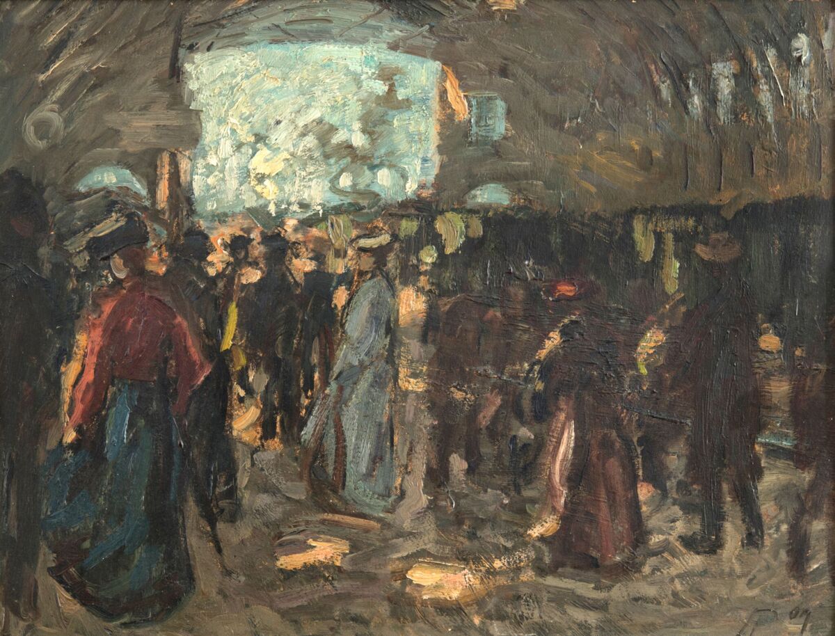 Hermann Pleuer (Schwäbisch Gmünd 1863–1911 Stuttgart), Bahnhofshalle im Alten Stuttgarter Bahnhof, 1907, Öl auf Karton, 38 × 49 cm. © Museum im Prediger, Schwäbisch Gmünd.
