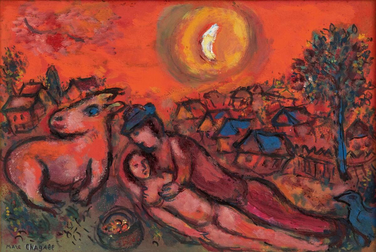 Marc Chagall (1887–1985), Le village rouge, um 1964, Öl auf Hartfaserplatte, 32,5 × 48 cm, Museum im Prediger, Schwäbisch Gmünd, © VG Bild-Kunst Bonn, Foto: F. Kleinbach.